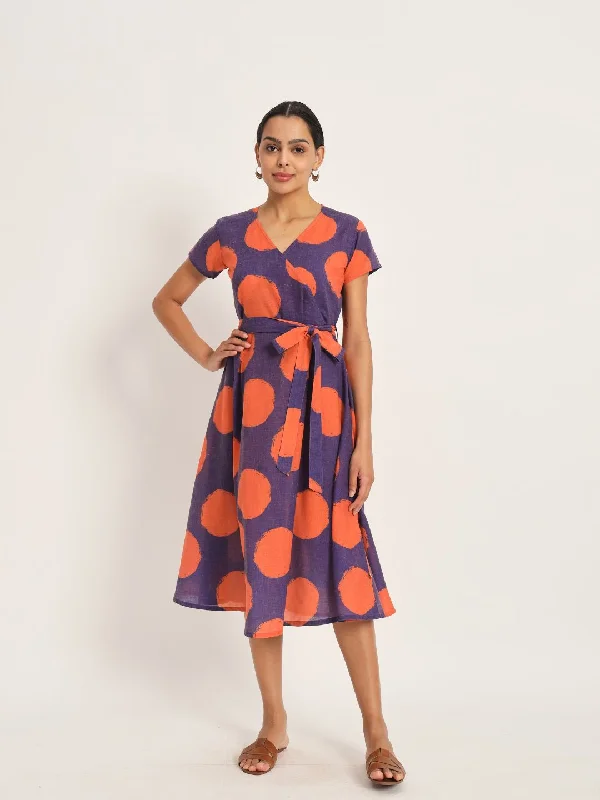 Dots & Dashes Orange & Purple Cotton Blend Fit & Flare Dress
