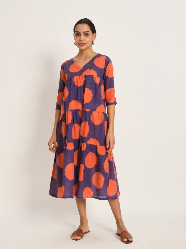 Dots & Dashes Orange & Purple Cotton Blend Tiered Dress