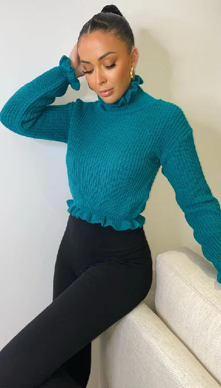 Frill Cropped Knitted Jumper Fleece Sweater Nylon Polyester