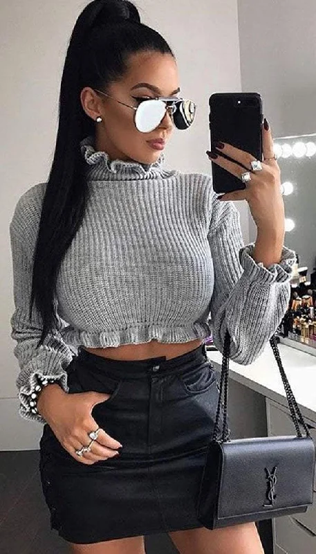 Frill Edge Cropped Jumper In Grey Wool Sweater Cotton Sweater Cashmere Sweater