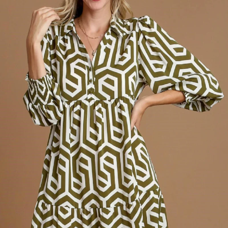 Geo Print Dress in Moss