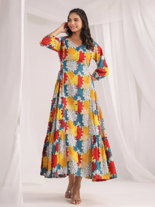 Multicolour Cotton Printed Balloon Sleeves Dress