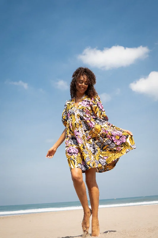 Kimono Cap Sleeve Dress- Pink & Yellow