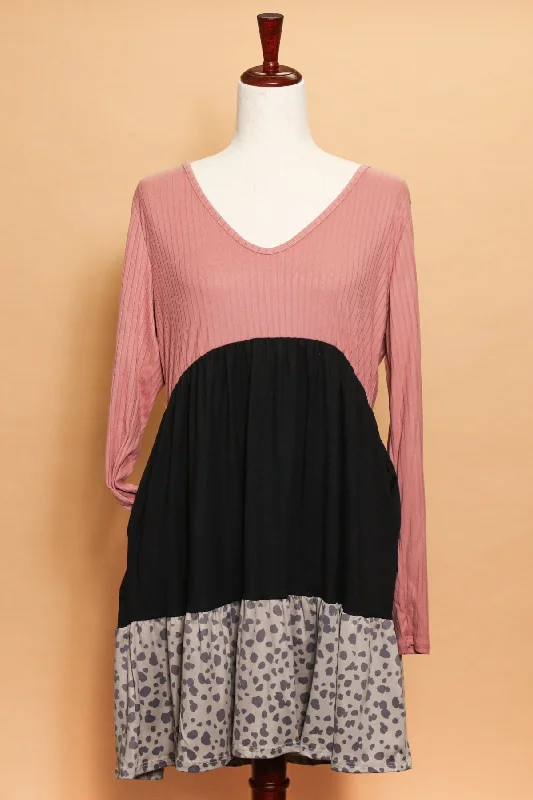 Mauve and Black Pocketed Color Block Animal Dress