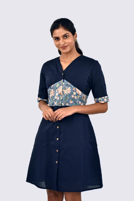 Navy Blue A-line Block printed Dress