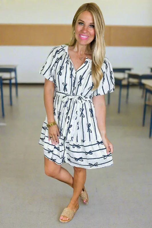 Navy Coquette Bow Bubble Sleeve Button Down Ivory Dress