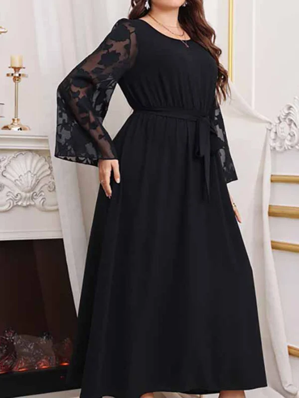 Women's large size high waist black polka dot patchwork dress