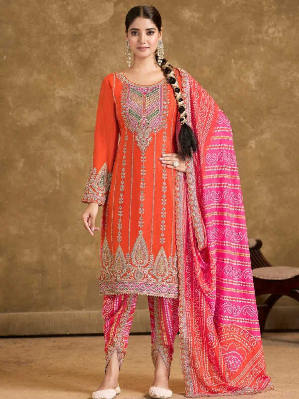 Orange Trendy Readymade Patiyala Dress With Embroidery Work