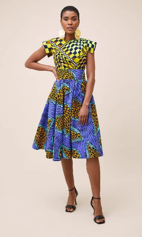 Origami Sleeve Dress in Purple and Lemon