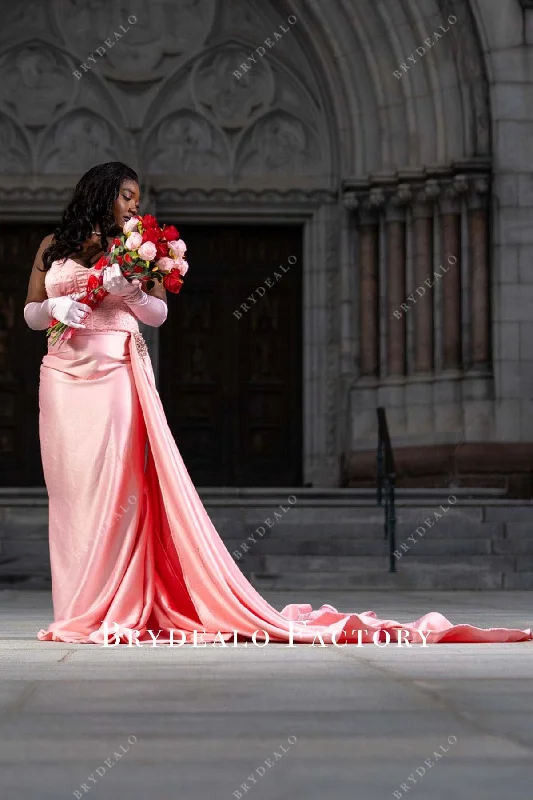 Pink Strapless V Neck Panel Long Train Prom Dress