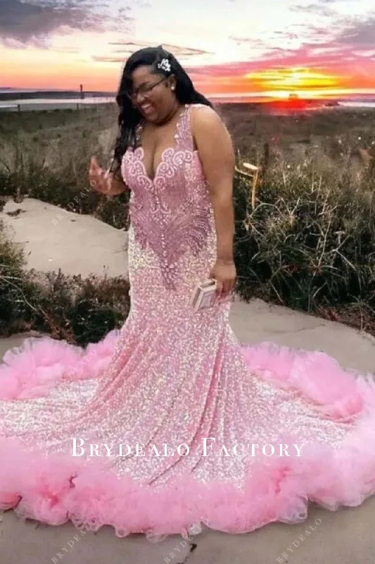 Plus Size Rhinestones Pink Sequin Trumpet Prom Dress