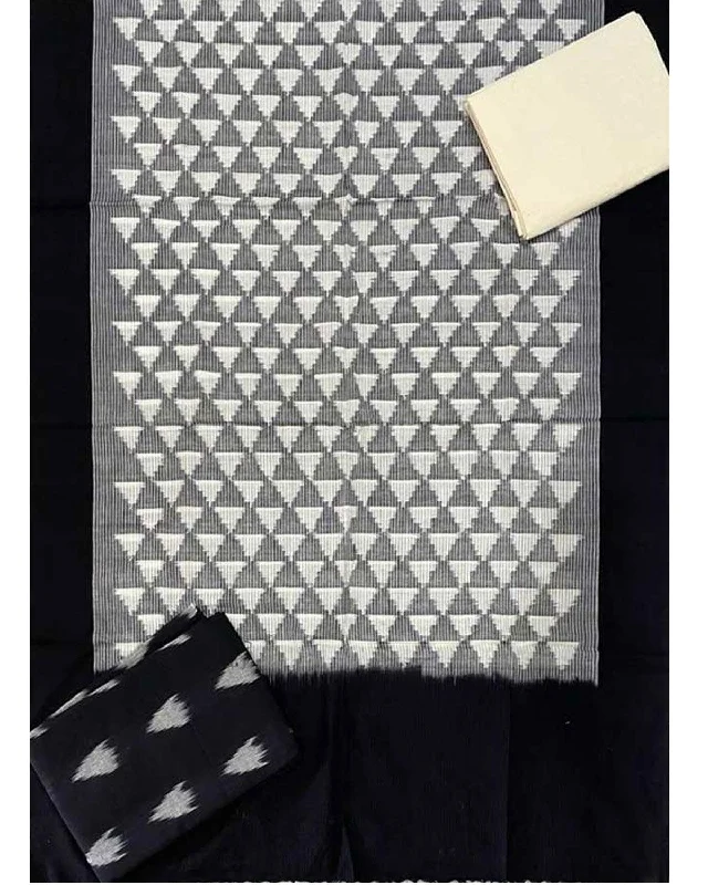 POCHAMPALLY DOUBLE IKAT COTTON GRAY WITH BLACK COLOR DRESS MATERIAL-A07