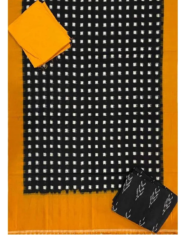 POCHAMPALLY IKAT COTTON BLACK WITH YELLOW COLOR DRESS MATERIAL-A10