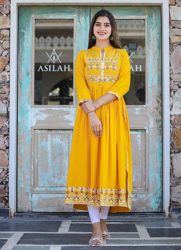 Rayon Printed Yellow Side Slit Long Ethnic Dress (pack of 1)