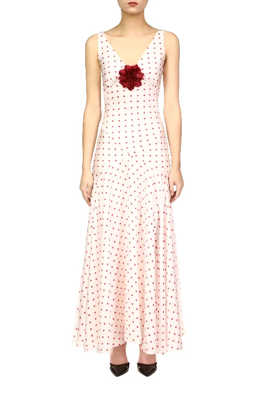 Red Polka Dot Silk Twill Bias Dress With Flower Detail