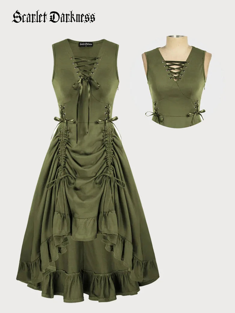 Women Steampunk Lace-up V-Neck Drawstring High-lo Dress