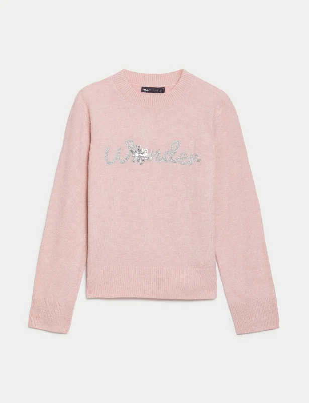 Sequin Slogan Crew Neck Jumper Solid Color Striped Floral Print