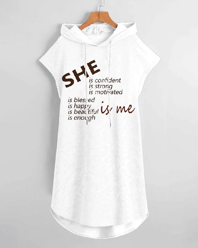 She is Me Print Drawstring Hooded Dress
