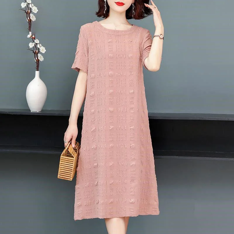 Short-sleeved Simple Retro Dress Round Neck Short-sleeved Women's Loose Mid-length Skirt Fabric Light and Breathable Straight Version Dress