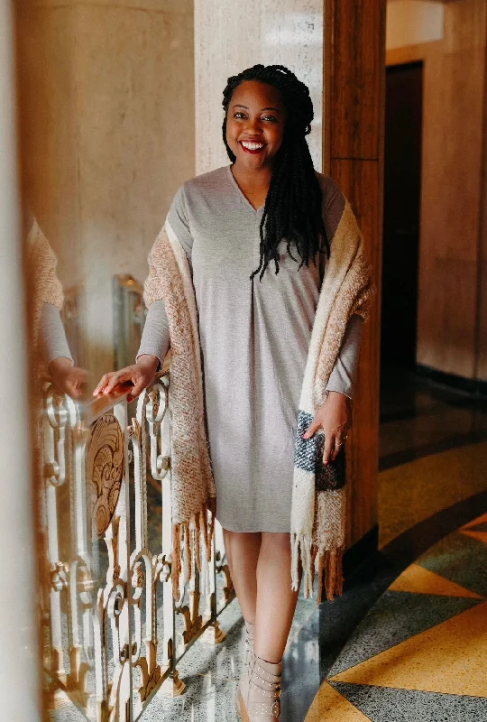 Long-Sleeve Comfort. Dress, Maroon & Oatmeal