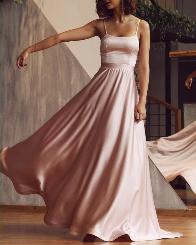 Spaghetti Straps Prom Long Dresses Satin Backless