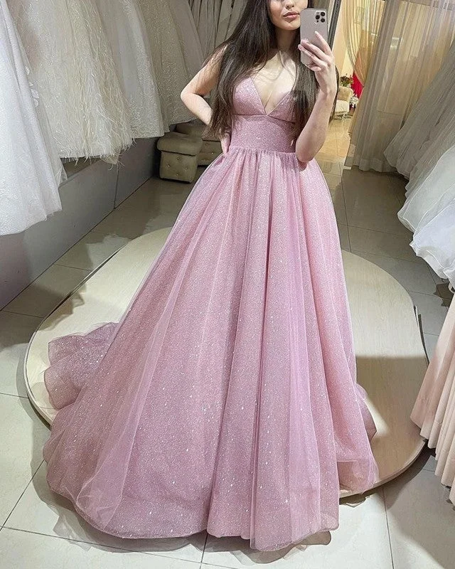 Pink Sparkly Prom Dresses V Neck Ball Gown