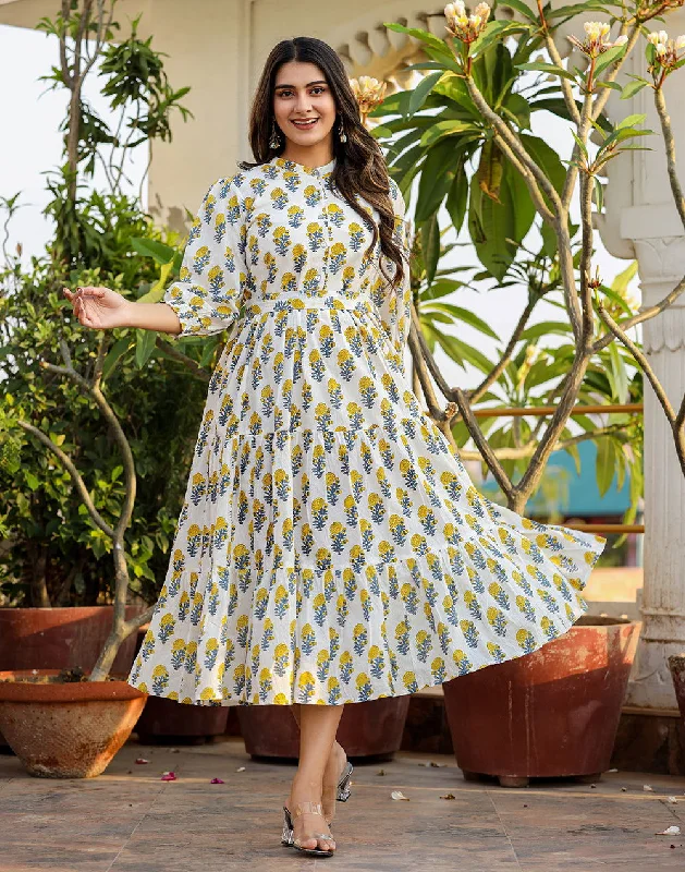 Sunshine White-Yellow Handblock Cotton Dress (set of 1)