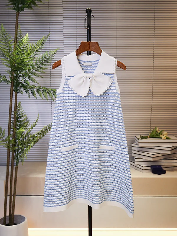 Sweet Bow Lapel Striped Dress