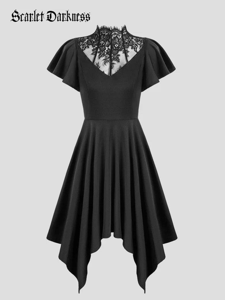 Gothic Lace Patchwork Flounce Sleeves Irregular Hem Dress