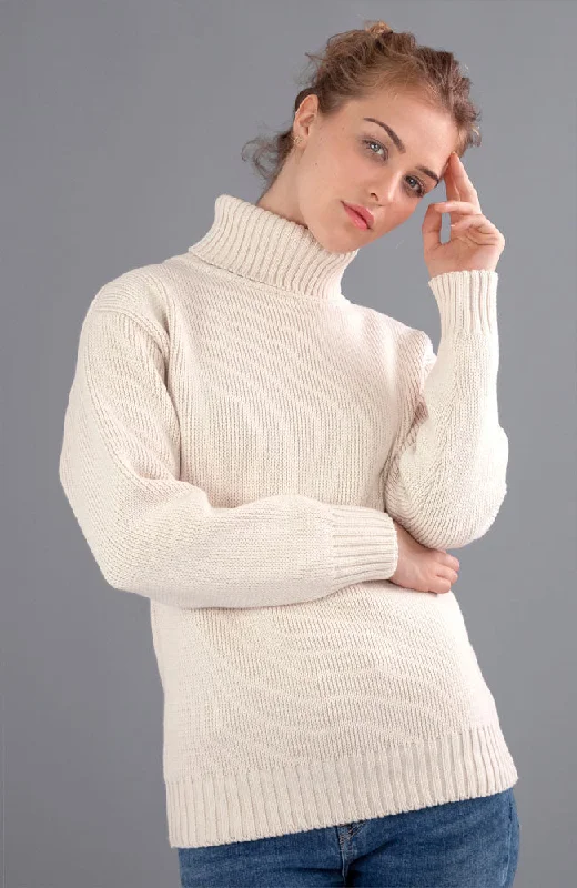Womens Pure Cotton Heavyweight Submariner Roll Neck Jumper Ribbed Striped Patterned