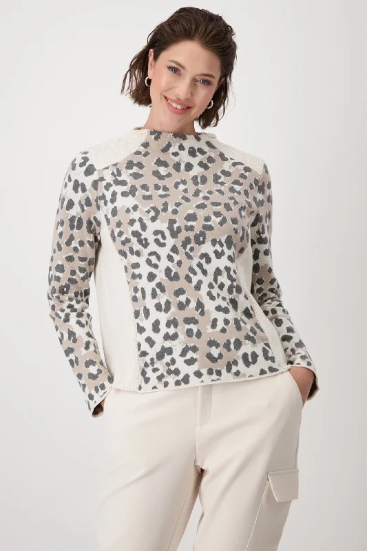 Monari 807858 Sandshell Cream Pattern Leopard Print Stand-Up Collar Jumper Notch Collar Peter Pan Collar Cowl Neck