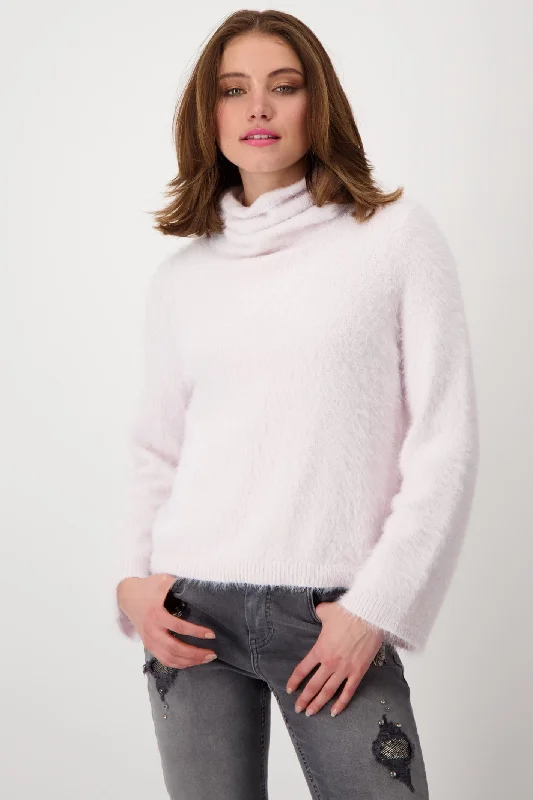 Monari 807952 Rosy Pink 411 Plush Polo Neck 7/8 Sleeves Jumper Print Jacquard Patchwork