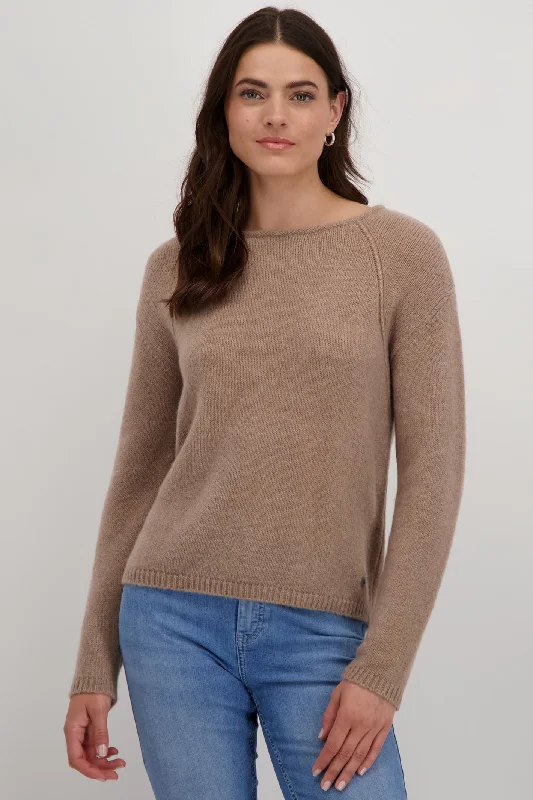 Monari 808312 Milk Chocolate Brown Wool Round Neck Jumper Cable Knit Ribbed Knit Lace Knit