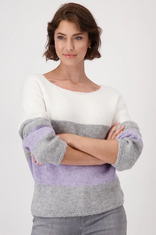 Monari 808353 Chrome Melange Colourblock Striped Round Neck Jumper Silk Blend Satin Velvet