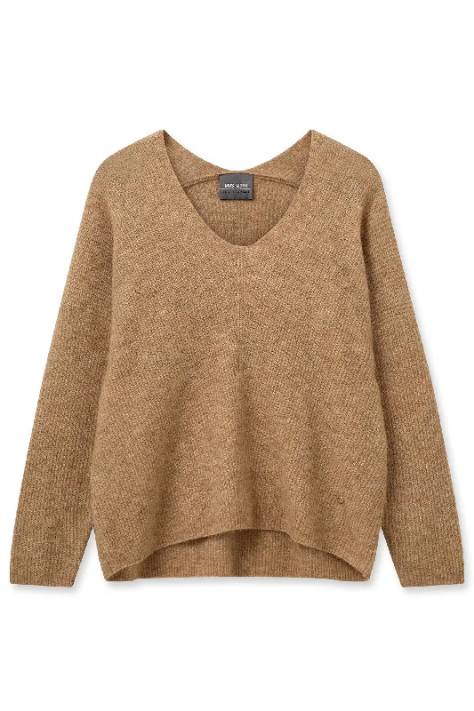 Mos Mosh 153900  Tannin Brown Thora V-Neck Knit Jumper Boat Neck Shawl Collar Notched Collar