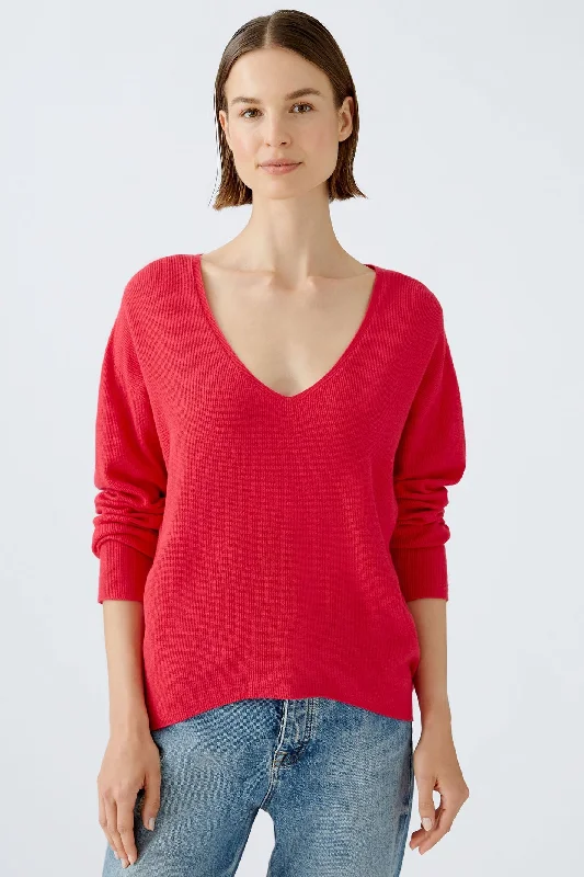 Oui 89057 Jazzy Red Deep V-Neck Jumper Rayon Fabric Velvet Fabric Corduroy Fabric