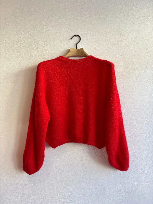 Red Mohair Balloon Sleeve Jumper Plaid Sweater Polka Dot Checkered