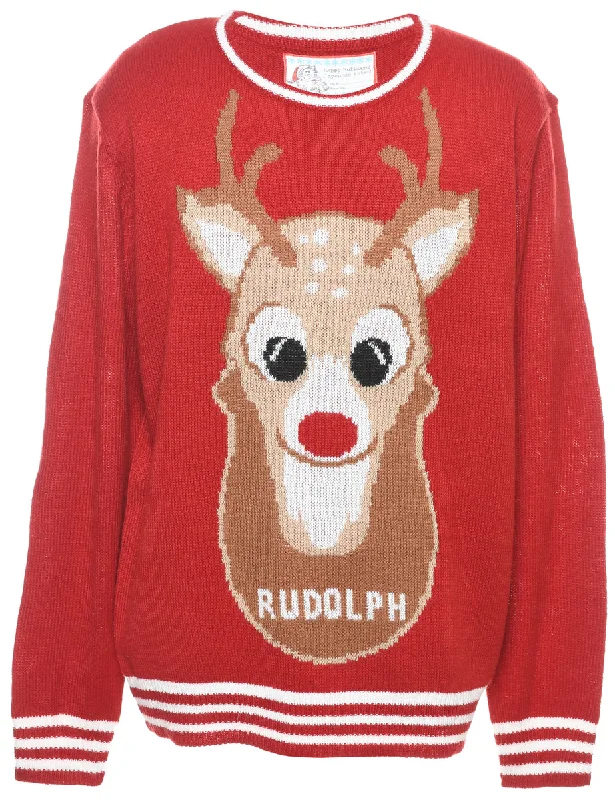 Rudolph Christmas Jumper - XL Graphic Sweater Embroidered Appliqued