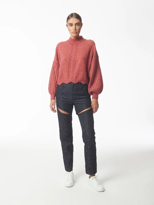 Batwing Sleeves Scallop Edge Knit Jumper in Brick Red Iron Safe Non-Iron Wrinkle Free