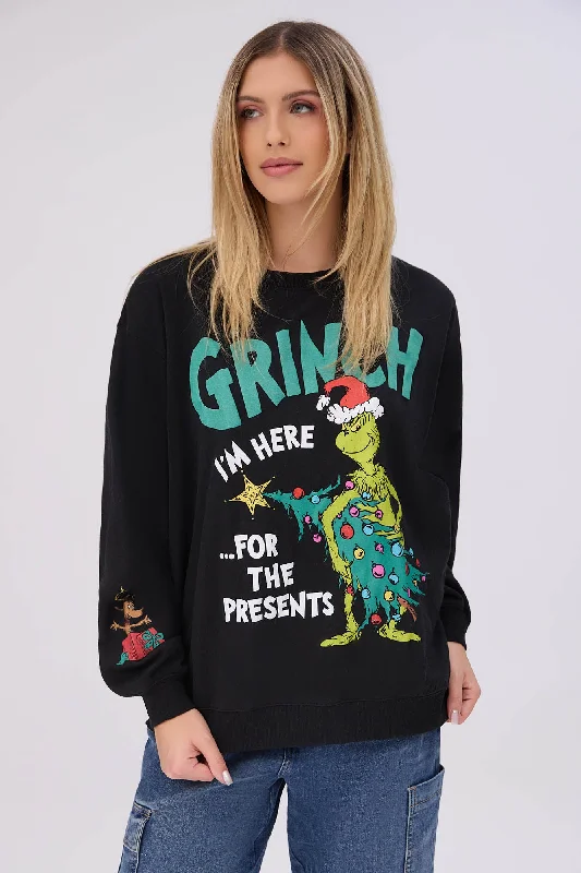 The Grinch Here For The Presents Graphic Crew Neck Sweatshirt Hoodie with Oversized Fit Loose Comfortable The Grinch Here For The Presents Graphic Crew Neck Sweatshirt Hoodie with Oversized Fit Loose Comfortable