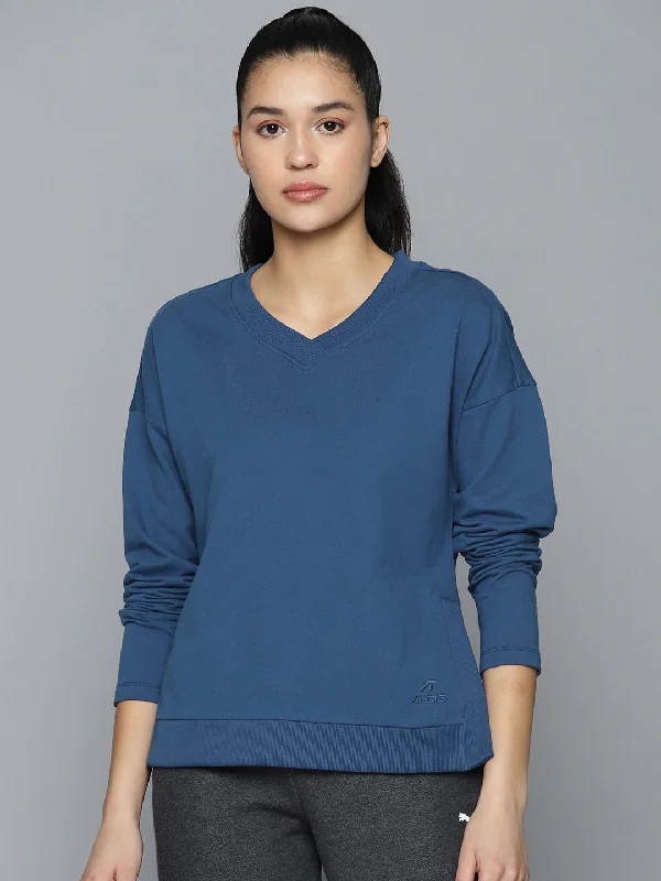 Alcis Women Blue Solid Sweatshirt Hoodie with Button Placket Classic Preppy