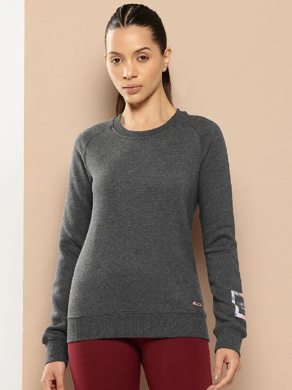 Alcis Women Charcoal Grey Printed Sweatshirt Oversized Hoodie Comfort Casual