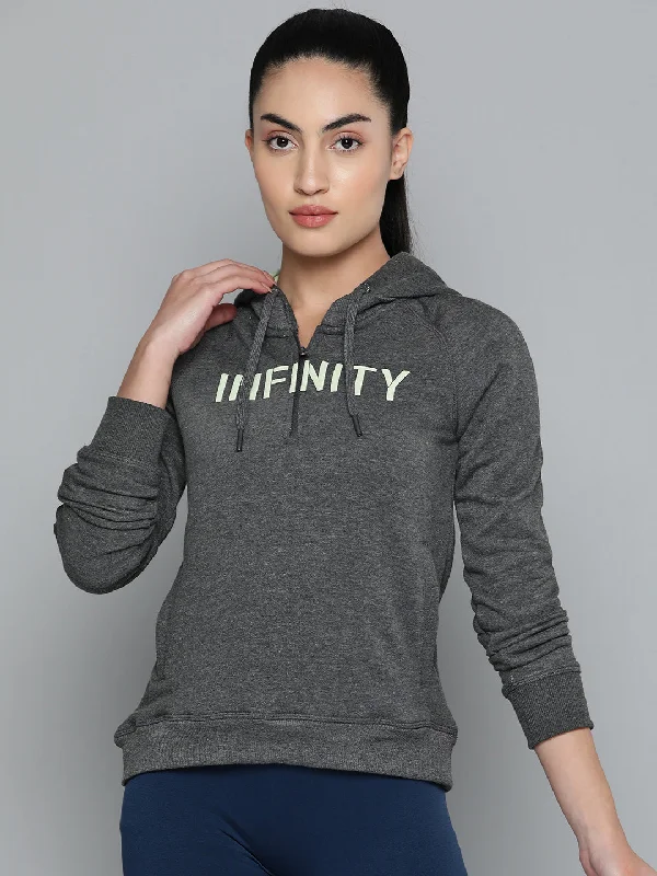 Alcis Women Charcoal Grey White Typography Printed Hooded Sweatshirt Hoodie with Hem Ribbing Snug Secure Alcis Women Charcoal Grey White Typography Printed Hooded Sweatshirt Hoodie with Hem Ribbing Snug Secure