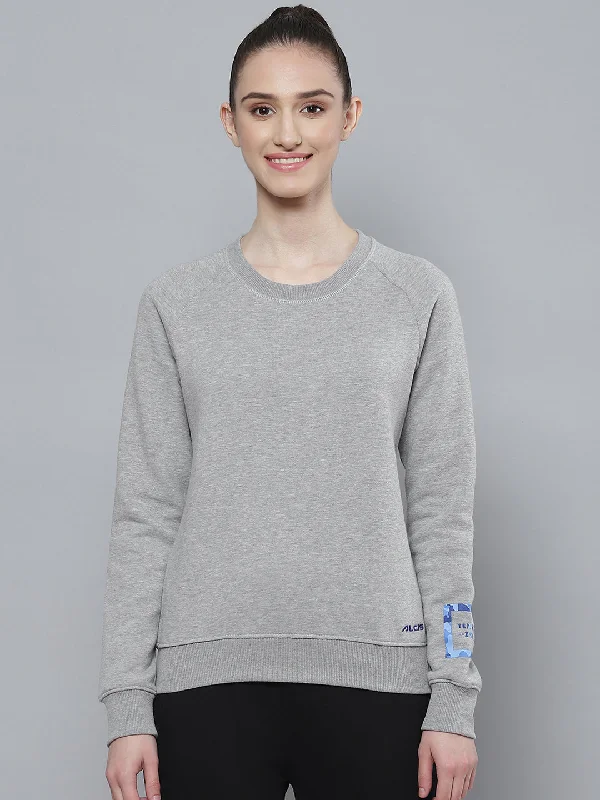 Alcis Women Grey Printed Detail Sweatshirt Hoodie with Elastic Cuffs Stretchable Comfortable