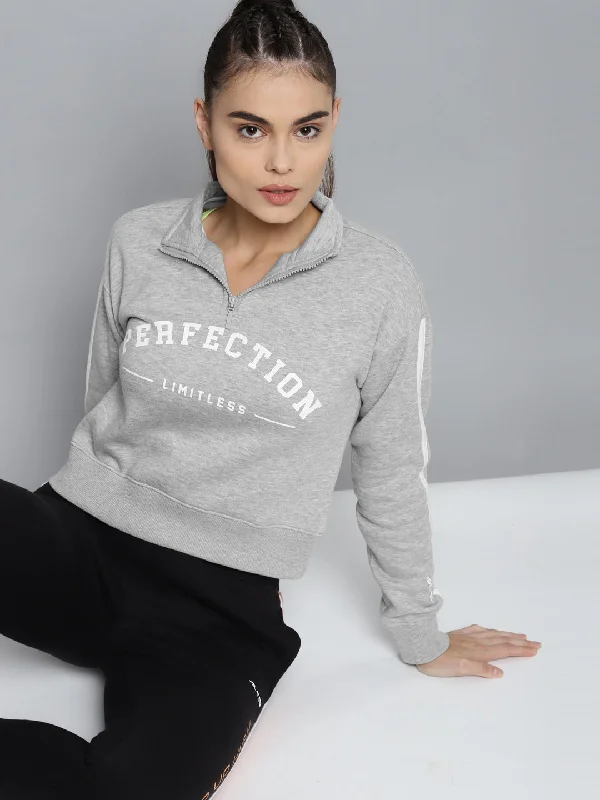 Alcis Women Printed Grey Melange Sweatshirts Hoodie with Zipper Placket Modern Functional