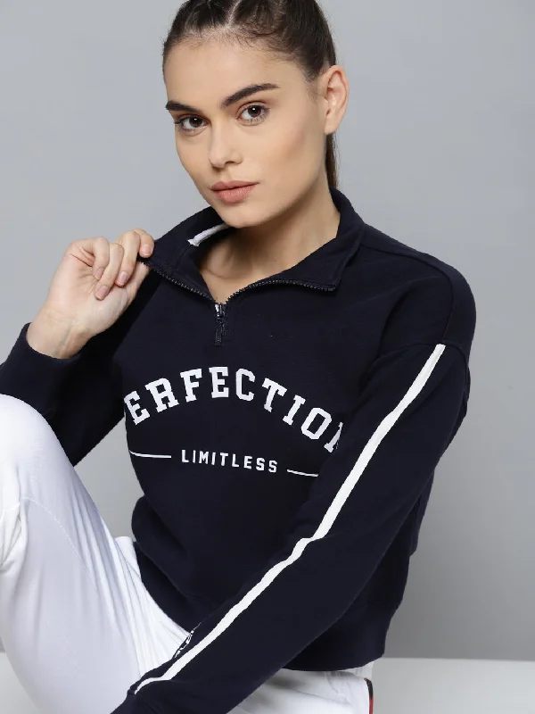 Alcis Women Printed Navy Blue Sweatshirts Hoodie with Hem Elastic Stretchable Comfortable