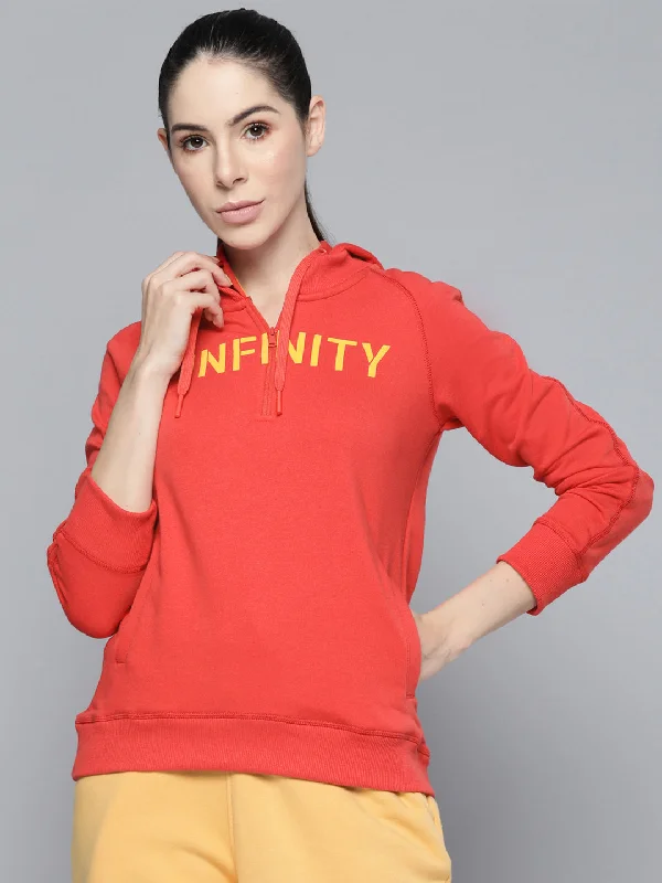 Alcis Women Red Printed Hooded Sweatshirt Hoodie with Color Block Contrast Stylish