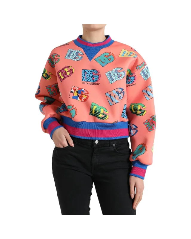 Dolce & Gabbana Women's Logo Print Sweatshirt - Coral Hoodie with Hem Lace Feminine Delicate Dolce & Gabbana Women's Logo Print Sweatshirt - Coral Hoodie with Hem Lace Feminine Delicate