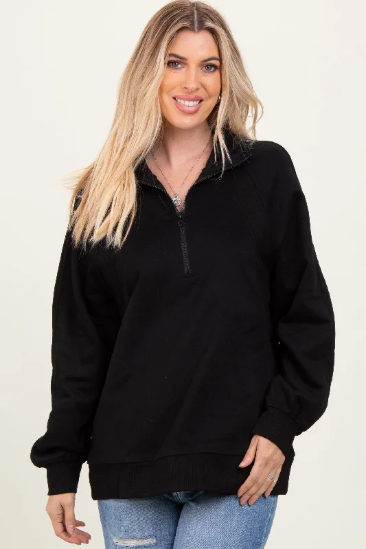 Black Half Zip Contrast Rib Sweatshirt Top Hoodie with Earth Tones Natural Calm