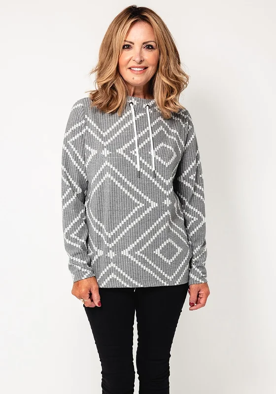 Cecil Diamond Drawstring Neck Knit Sweatshirt, Grey Hoodie with Double Zipper Versatile Adjustable Cecil Diamond Drawstring Neck Knit Sweatshirt, Grey Hoodie with Double Zipper Versatile Adjustable